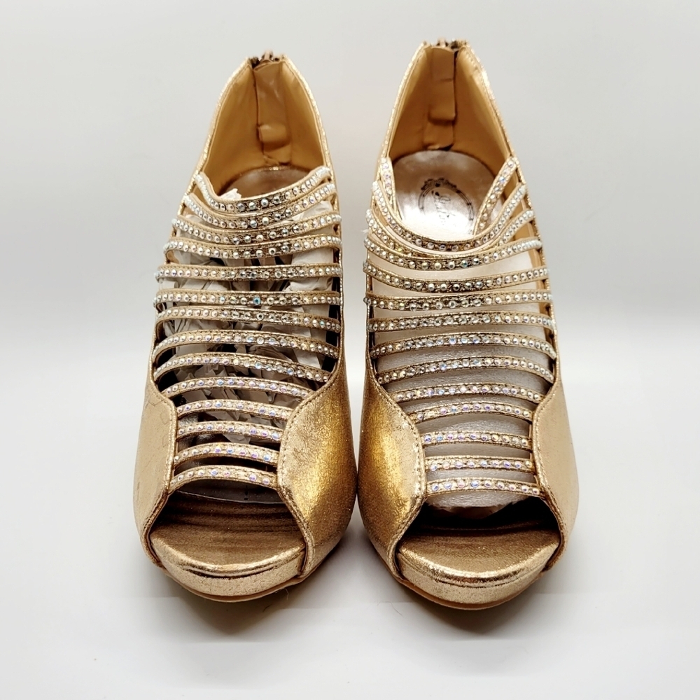 New Champagne Gold Rhinestone Embellished Caged Platform Heel Size 7.5 - Picture 7 of 14
